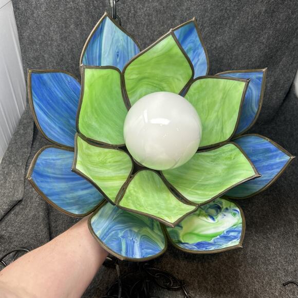 Vintage 1970s Stained Glass Chandelier Two Tier Slag Glass Hanging Lotus Flower - Picture 1 of 16
